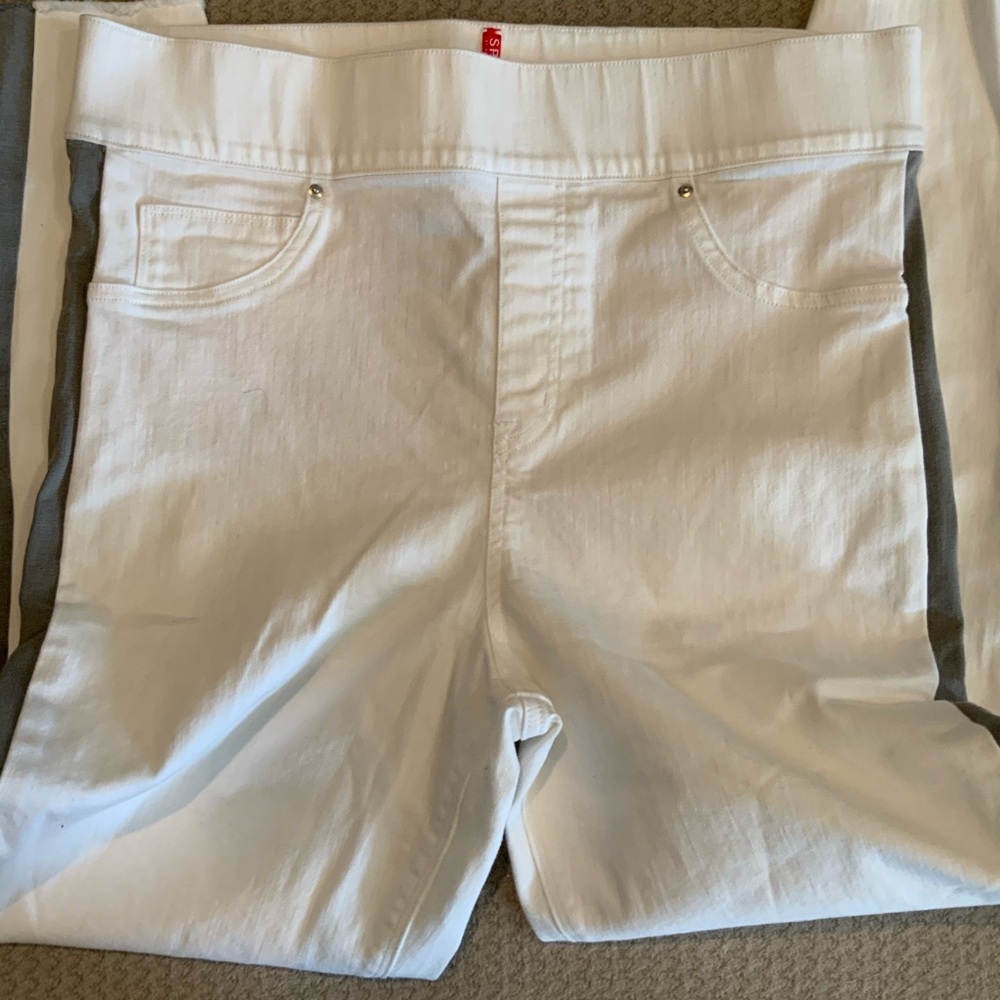 Spanx white distressed/ tuxedo stripe